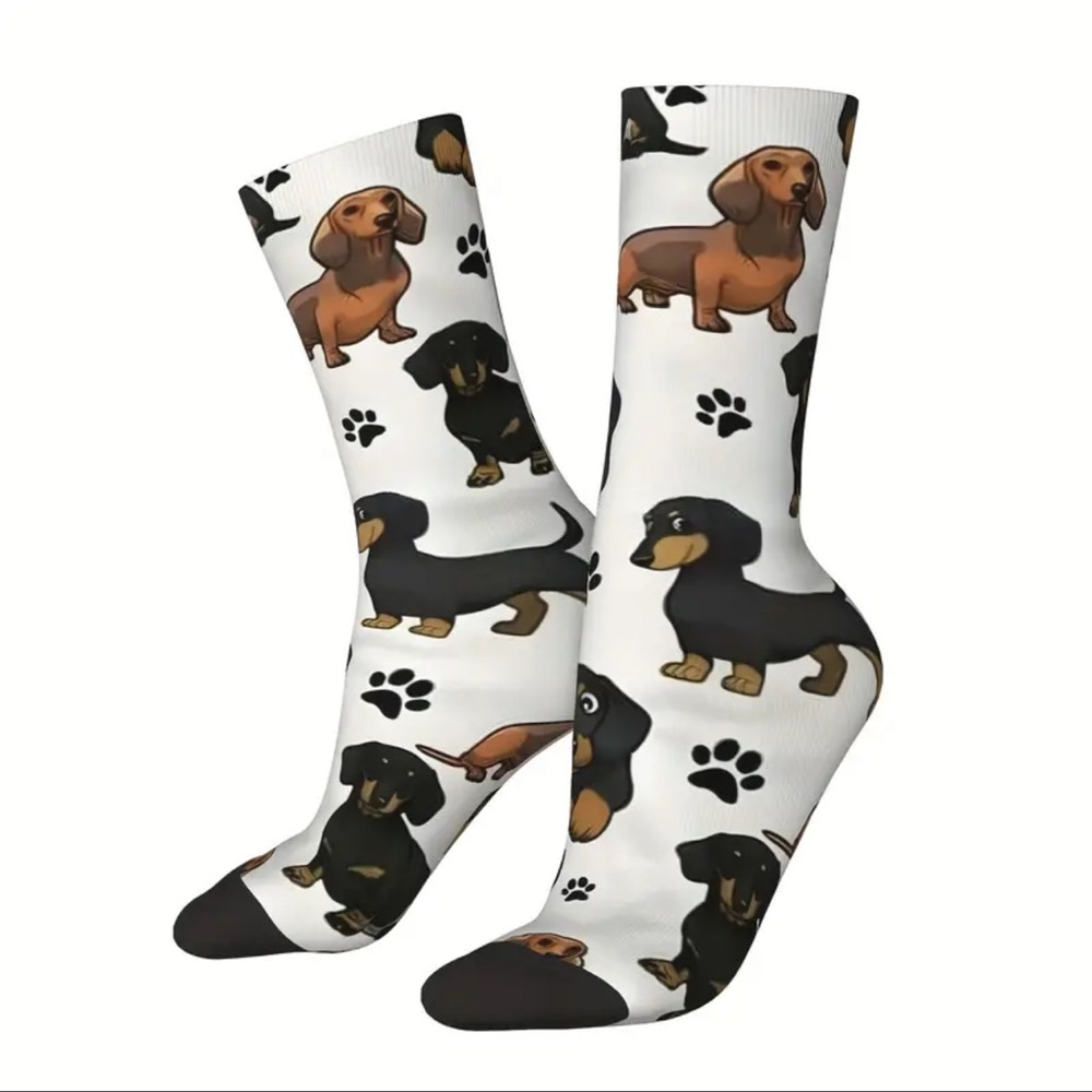 Dachshund Socks, Whimsical Cartoon Dog Pattern Crew Socks, NEW, Unisex